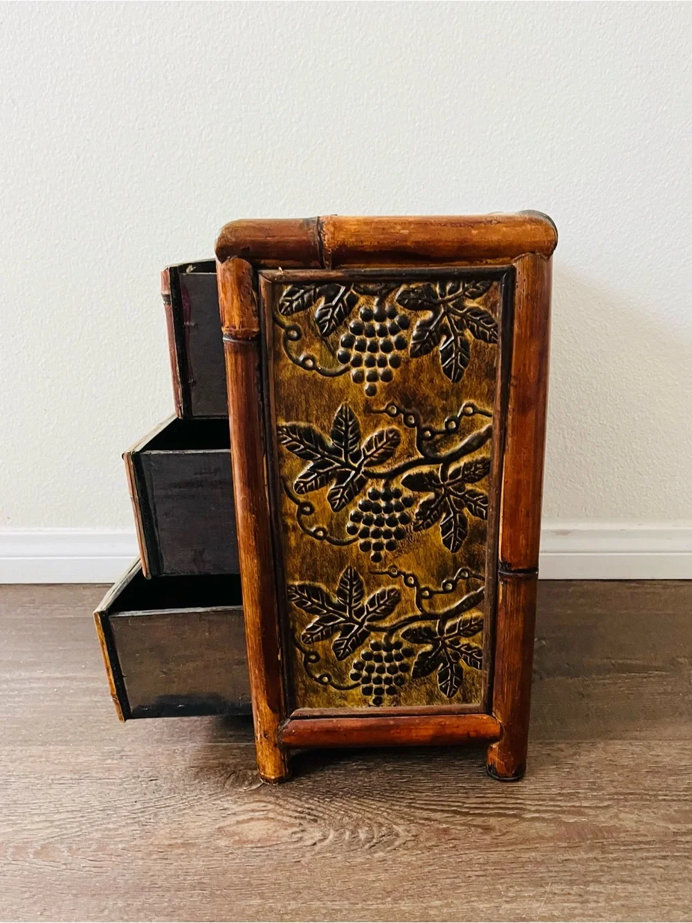 Bamboo Accent 3-Drawer Side Table in Warm Brown
